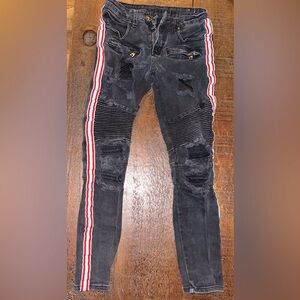 Rue 21, Street wear jeans. Black with Red and White stripe down the side.